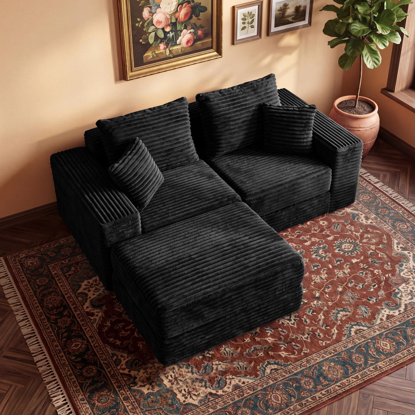 75'' L-Shaped Cloud Modular Sectional Couch with Chaise, Modern Corduroy Memory Foam Sofa Bed, Upholstered Boneless Deep Seat Fluffy Sleeper Sofa, for Living Room, No Assembly Needed (Black)