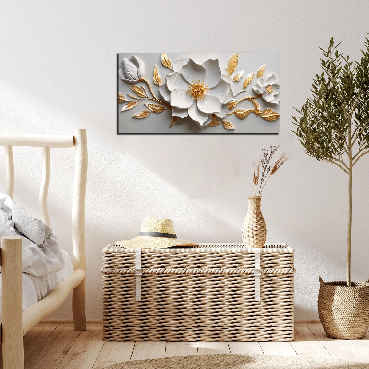 Canvas Wall Art for Living Room Bedroom Office White and Gold Flower Artwork Large Botanical Floral Wall Art Framed Wall Decor Modern Canvas Prints 20x40 In