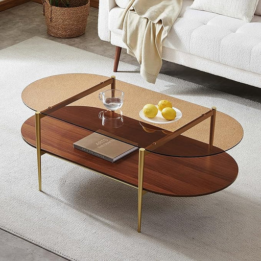 LumFurn X-Large Oval Glass Coffee Table, Mid-Century Modern Design, L47 x W24 x