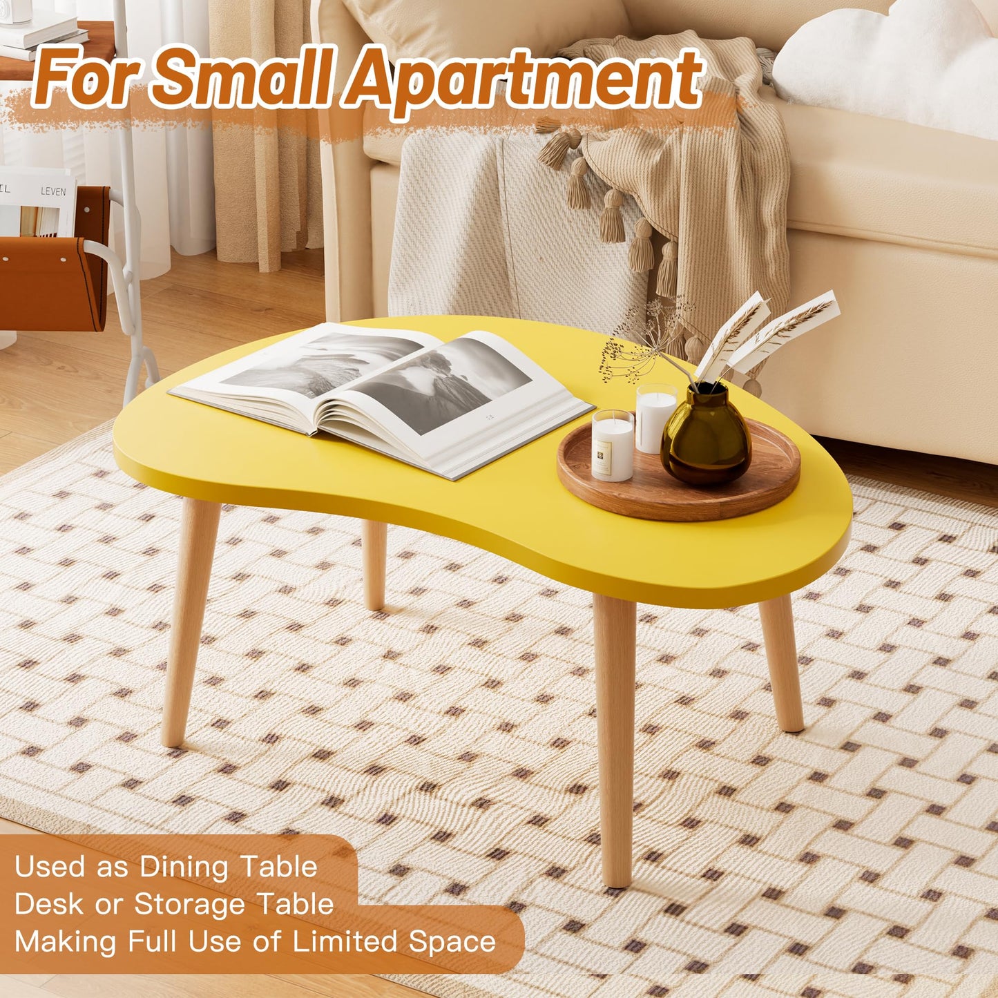 Small Coffee Table, Low Table with Solid Wood Legs, 23.6" Mini Mango Accent Table Side End Table, Floor Table Desk for Sitting on The Floor, Coffee Tea Table for Living Room, Dorm, Apartment, Yellow