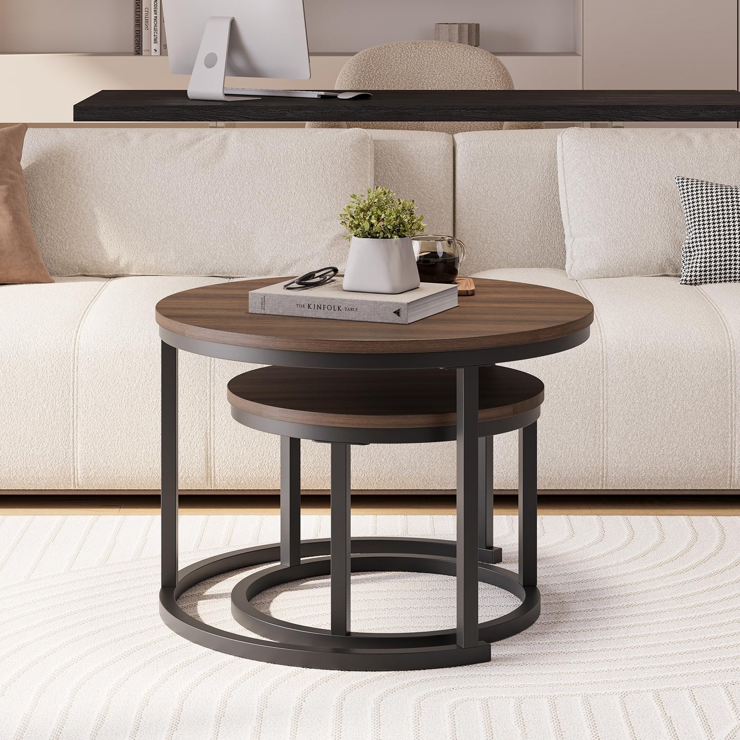 HOJINLINERO Round Coffee Table,Nesting Coffee Table Set of 2,Center Tables for Living Room,Office, Home Small Space,Stacking Side Tables,Sturdy and Easy Assembly,Wood Desktop,Walnut+Black,Large