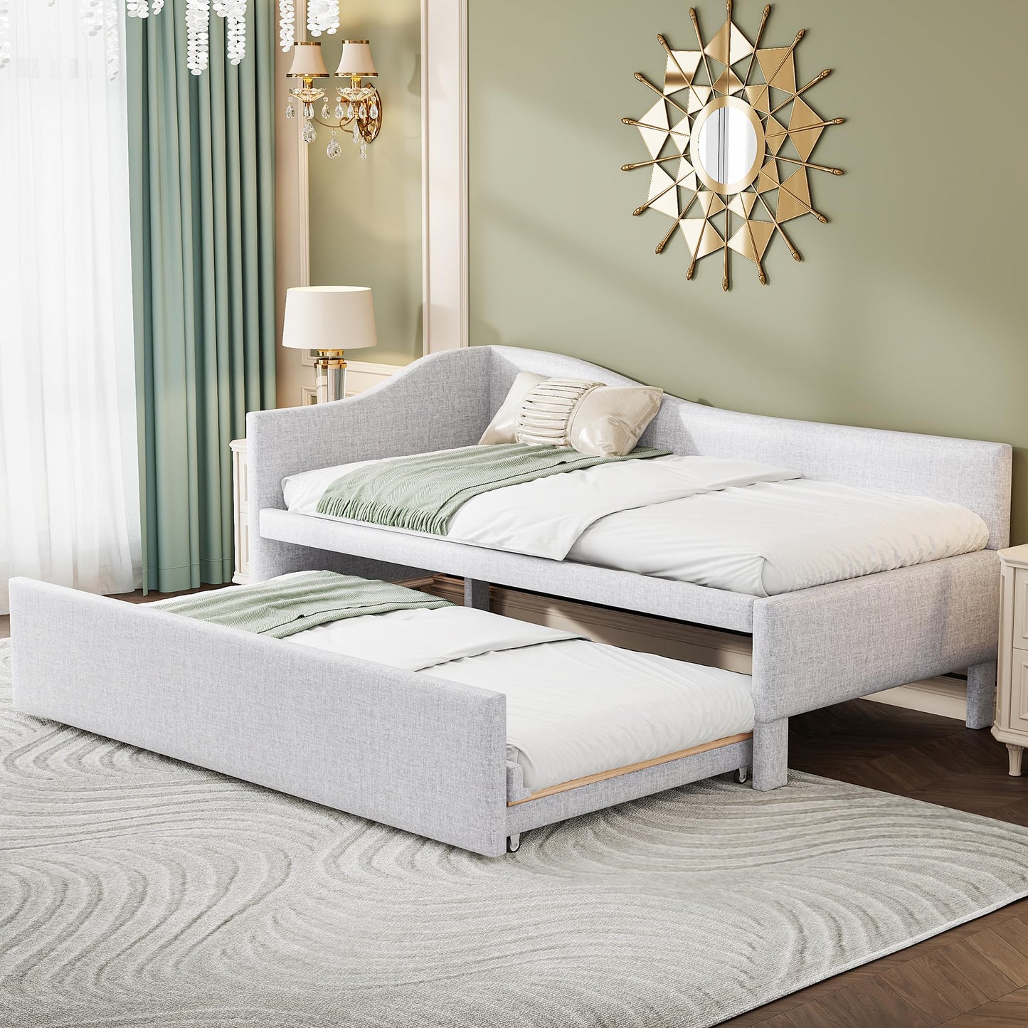 HECATEVIC Modern Linen Daybed with Trundle – Twin to King Size Convertible, No Box Spring Needed, Elegant Gray/Beige/Pink, for Living Room, Guest Room & Nursery
