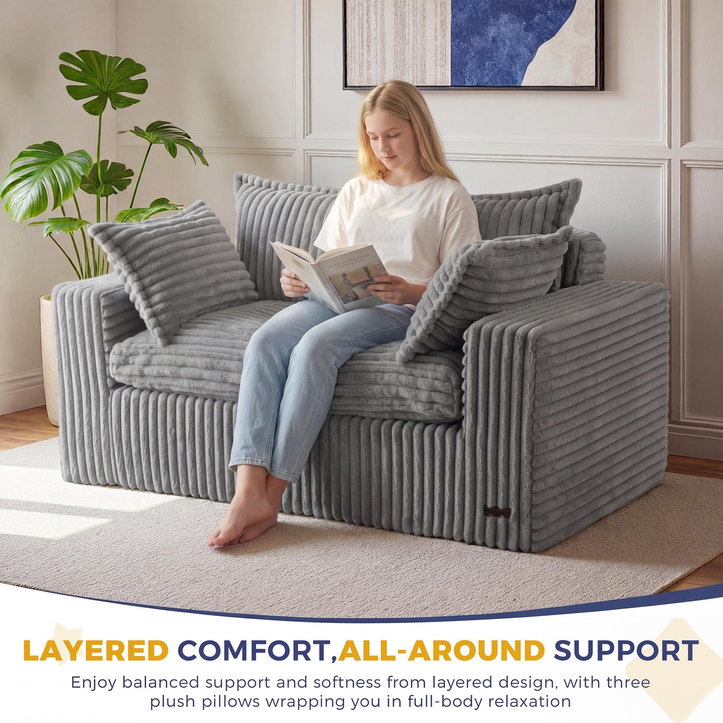 MAXYOYO 59" Bean Bag Sofa Couch, Loveseat Boneless Couch in a Box, Upholstered Small Mini Sofa with Deep Seating for Living Room Bedroom Office Apartment, No Assembly, Dark Grey
