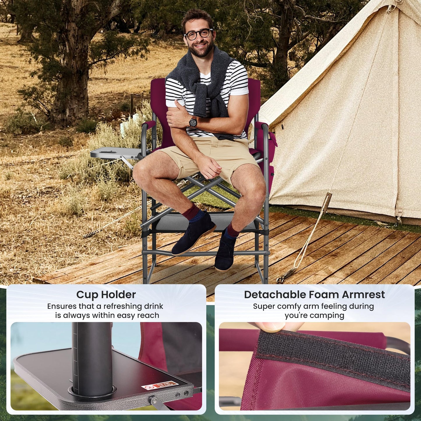 Foristrail 30" Bar Height Director Chair - 400lbs Heavy Duty with Detachable Footrest & Side Table, Portable Foldable Chair for Makeup Artists/Outdoor Events (Wine Red)