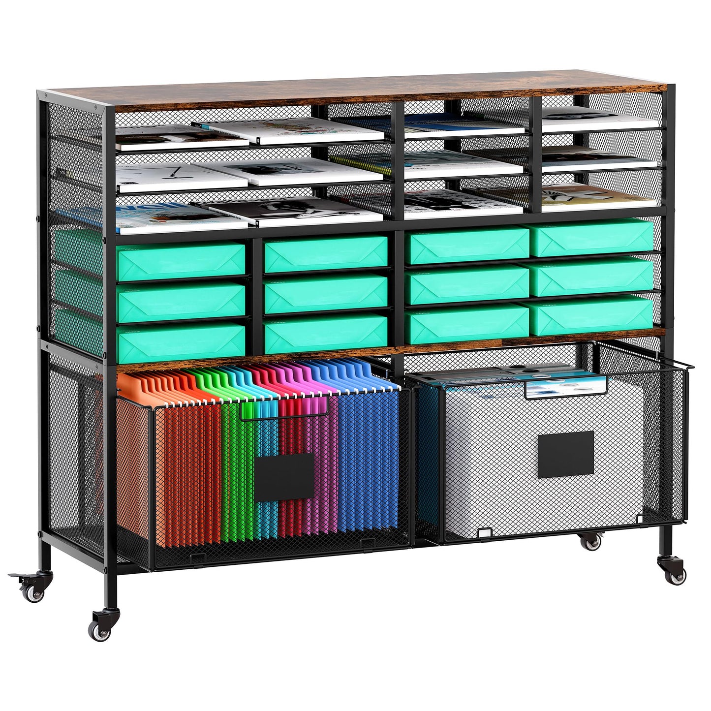 EasyPAG Rolling Cart with 2 Storage Drawer, Under Desk Filling Cabinet with Mail Sorter, Pull Out Hanging File Rack for Letter Size Folders, Mobile Utility Craft Cart for Home Office, Black