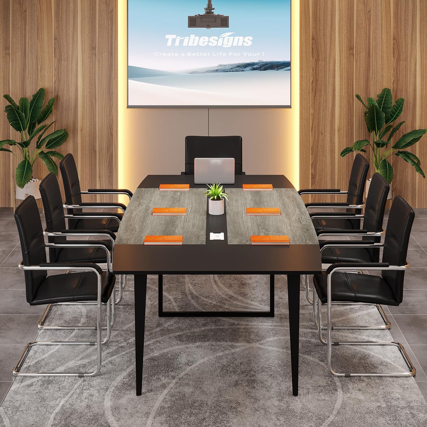 Tribesigns 8FT Conference Table, 94.48L x 47.21W x 29.52H Inches Boat Shaped Meeting Table with Rectangle Grommet, Modern Seminar Boardroom Table for Office Conference Room (Grey & Black, 8ft)