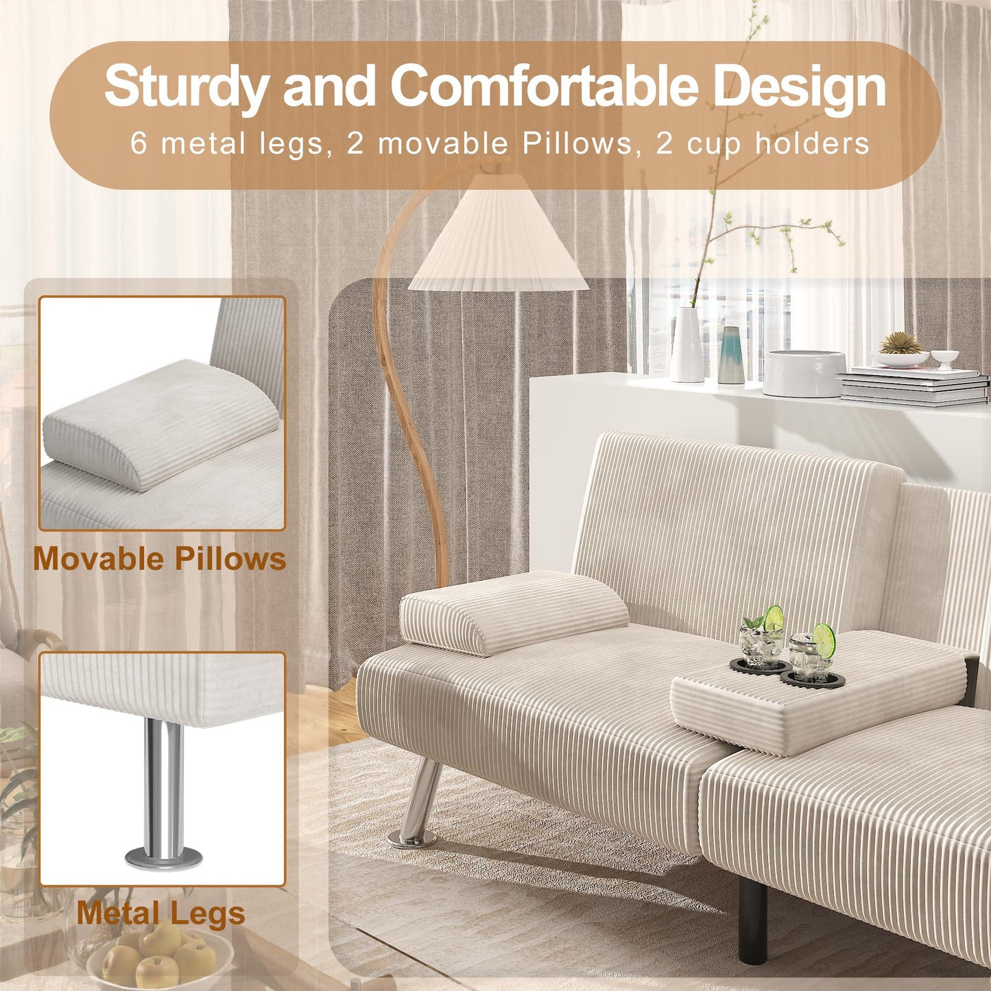 Shahoo Modern Upholstered Convertible Folding Futon Sofa Bed with Removable Armrests, Metal Legs, 2 Cup Holders for Living Room, Beige