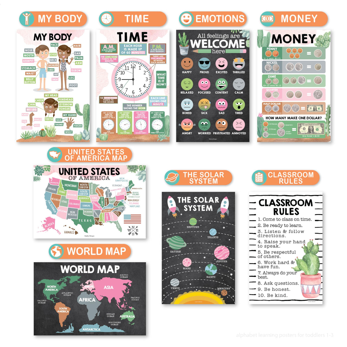 Hadley Designs 16 Educational Posters for Classroom Must Haves - Laminated Pre-K Posters for Toddler Homeschool Essentials, Toddler & Preschool Learning Activities, Kindergarten Classroom Decor