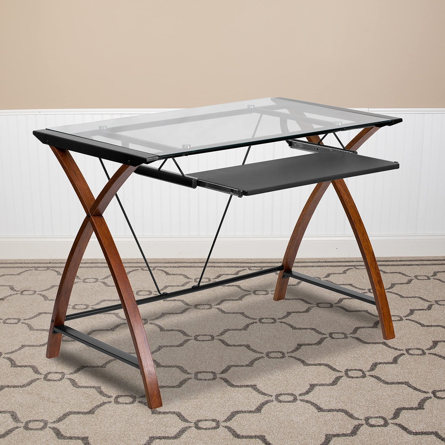 Flash Furniture Jude Tempered Glass Computer Desk with Pull-Out Keyboard Tray and Crisscross Frame, Small Computer Desk for Home Office, Cherry/Clear