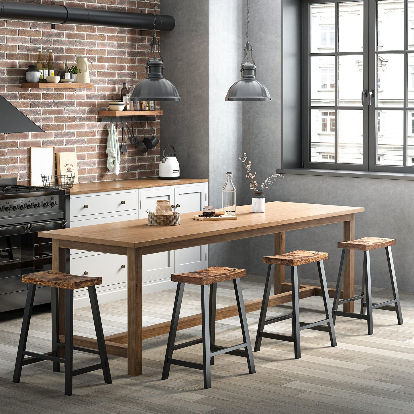 VASAGLE Bar Stools Set of 2, Counter Height Stools, Bar Chairs with Footrest, 23.6 Inches High Kitchen Breakfast Stools, Industrial, Living Room Party Room, Rustic Brown ULBC074B01