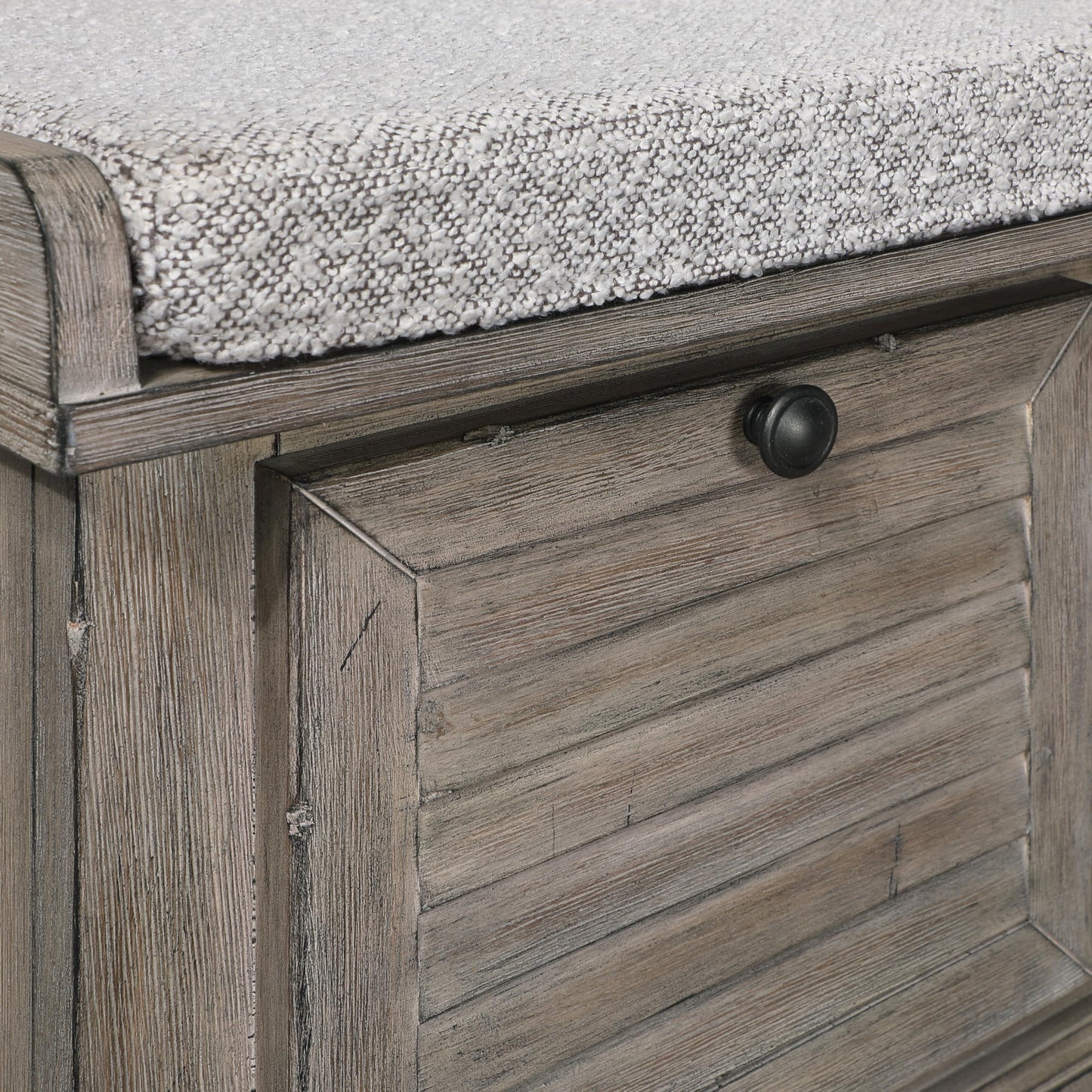 OSP Home Furnishings Dover Coastal Lift-Top Storage Bench with Shutter Face Styling, Goldstone Finish with Salt and Pepper Cushion