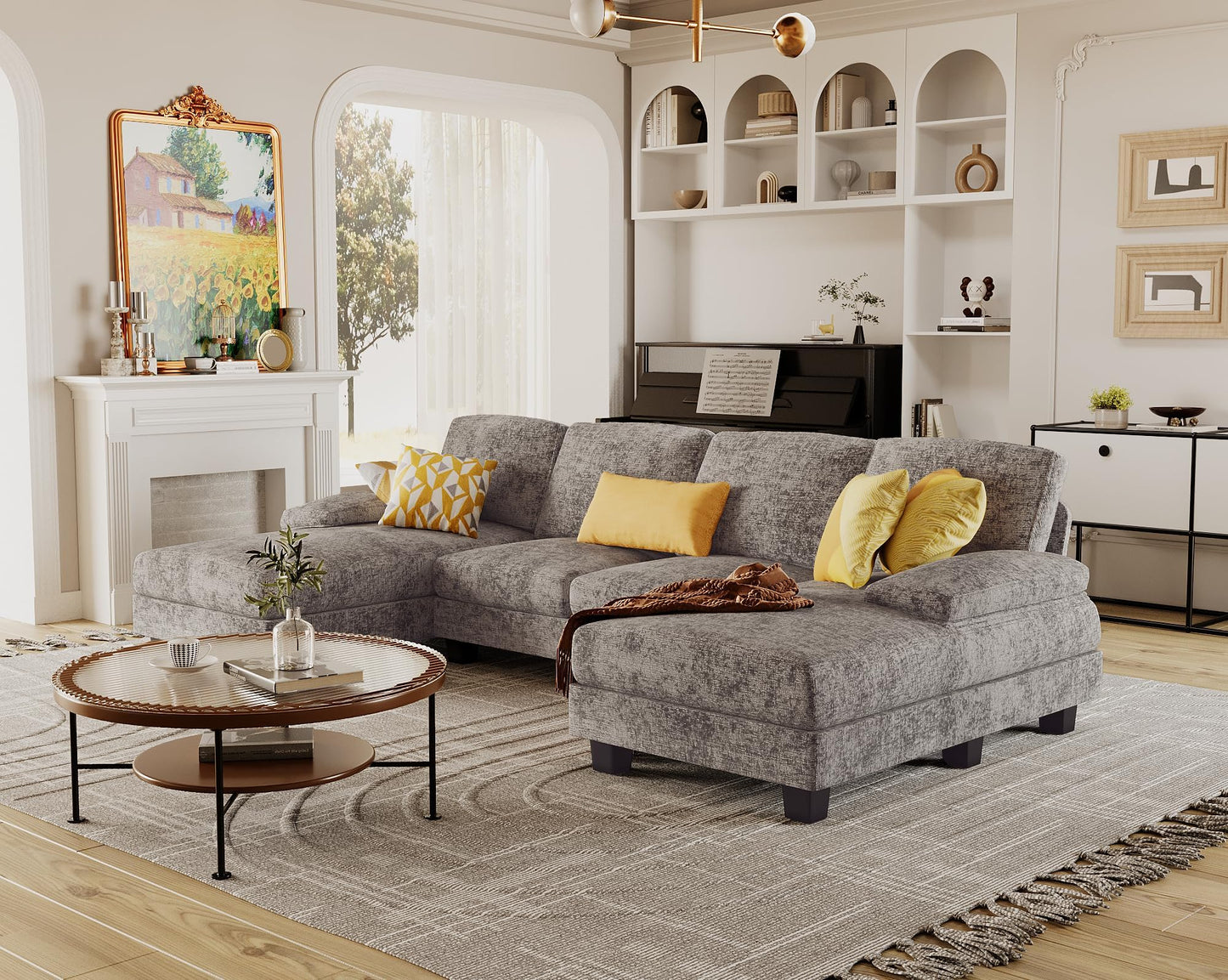 BYAZET Sectional Couches for Living Room, U-Shaped Sofa Couch with Linen Fabric, 4 Seat Sofa Set with Double Chaise for Apartment (Fabric, Grey)