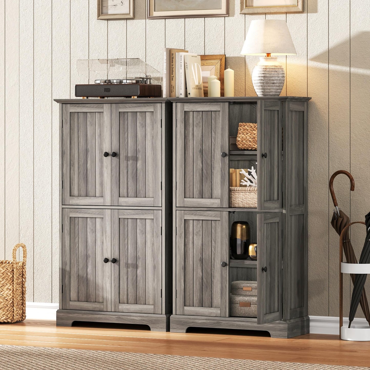 ChooChoo Bathroom Floor Cabinet, Farmhouse Bathroom Storage Cabinet with 4 Doors and Adjustable Shelves, Pantry Cabinet for Living Room, Kitchen, Retro Grey