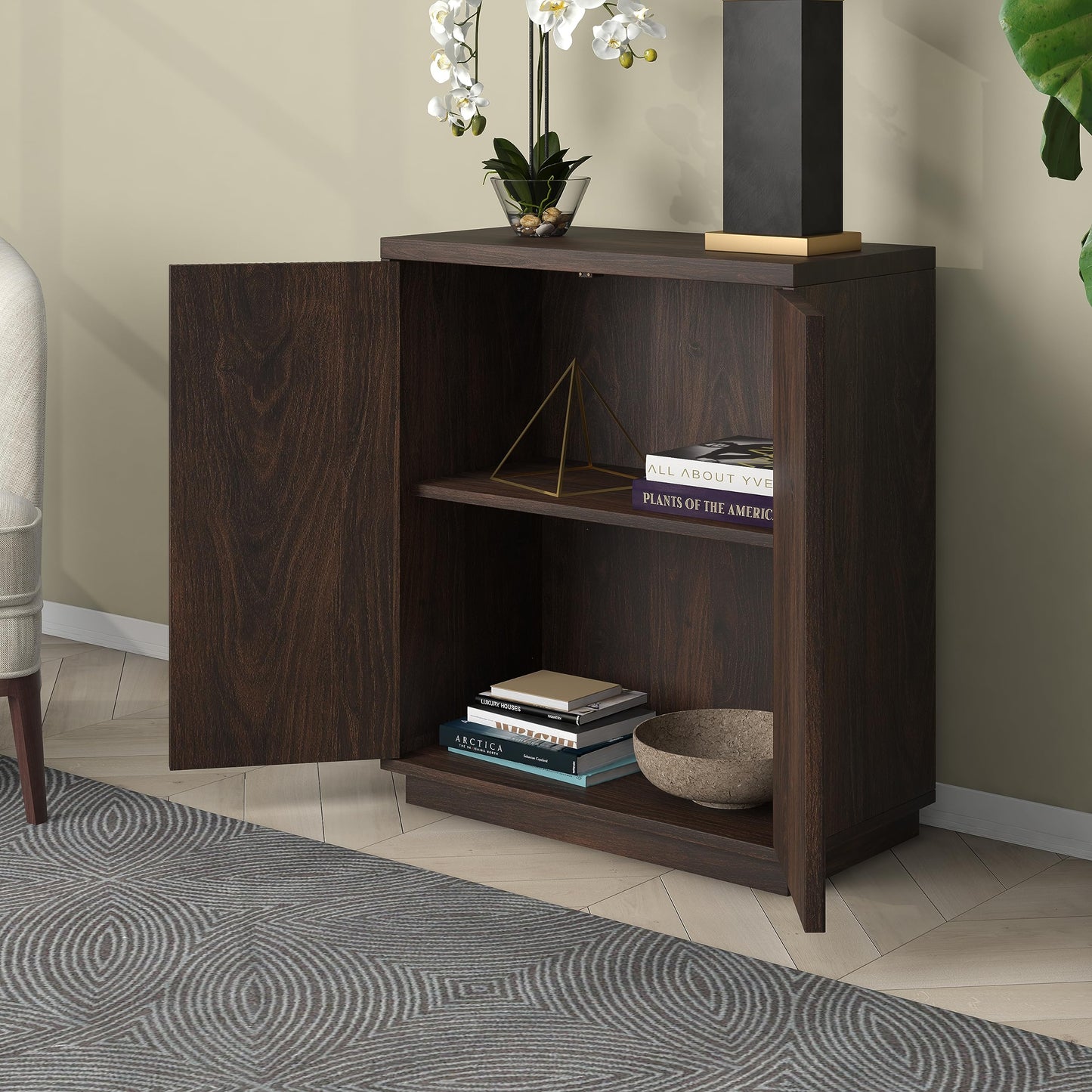 Henn&Hart 28" Fluted Wooden Accent Cabinet, Ribbed Modern Sideboard Buffet Cabinet with 2 Doors and an Adjustable Shelf for Living Room, Dining Room, Bedroom or Entryway, Cloud White