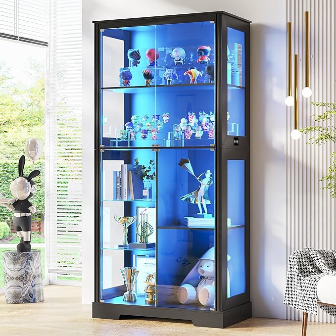 71” Display Cabinet with Glass Doors, Modern Curio Cabinet with 3 Color Lights