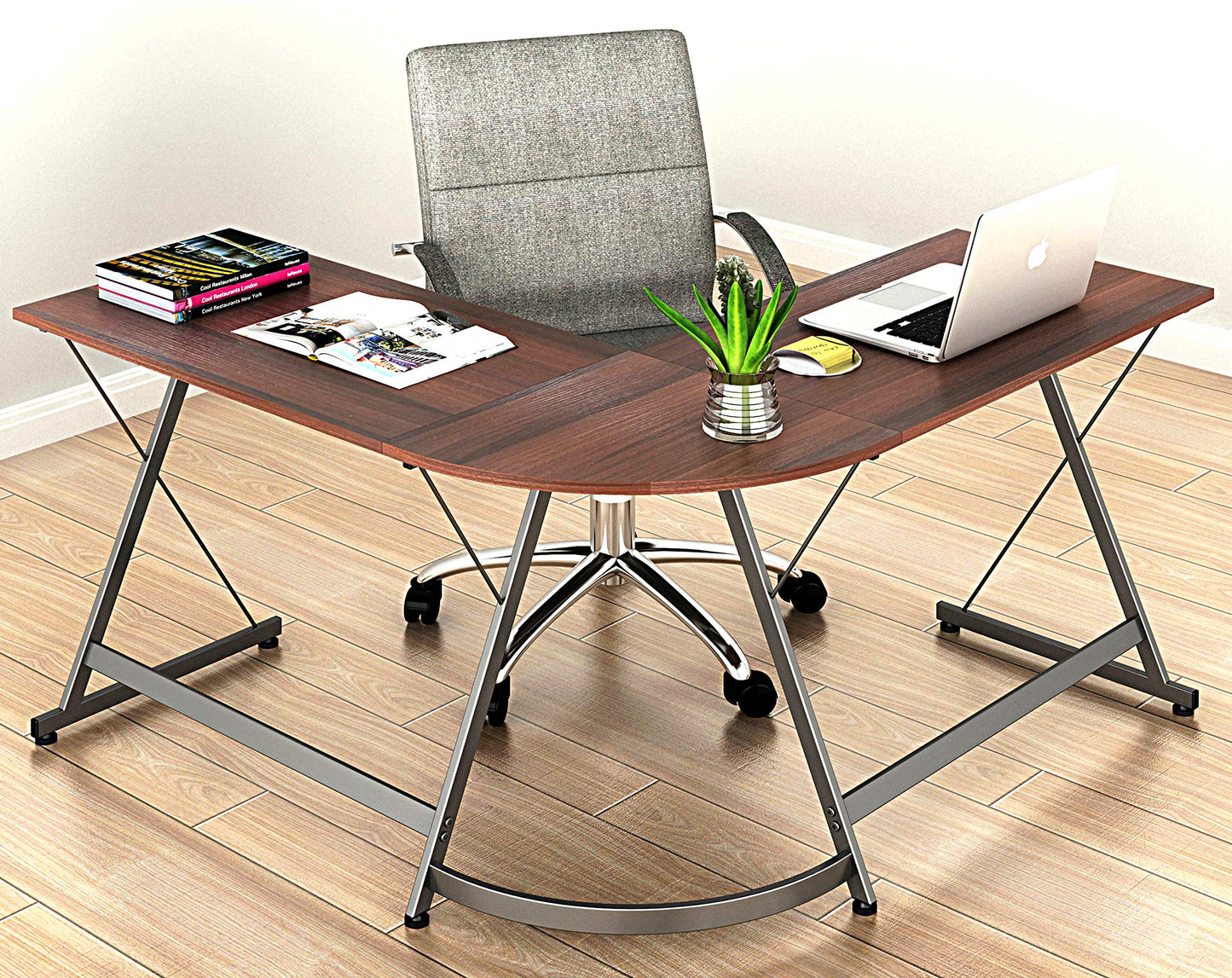 SHW L-Shaped Computer Gaming Desk, Walnut