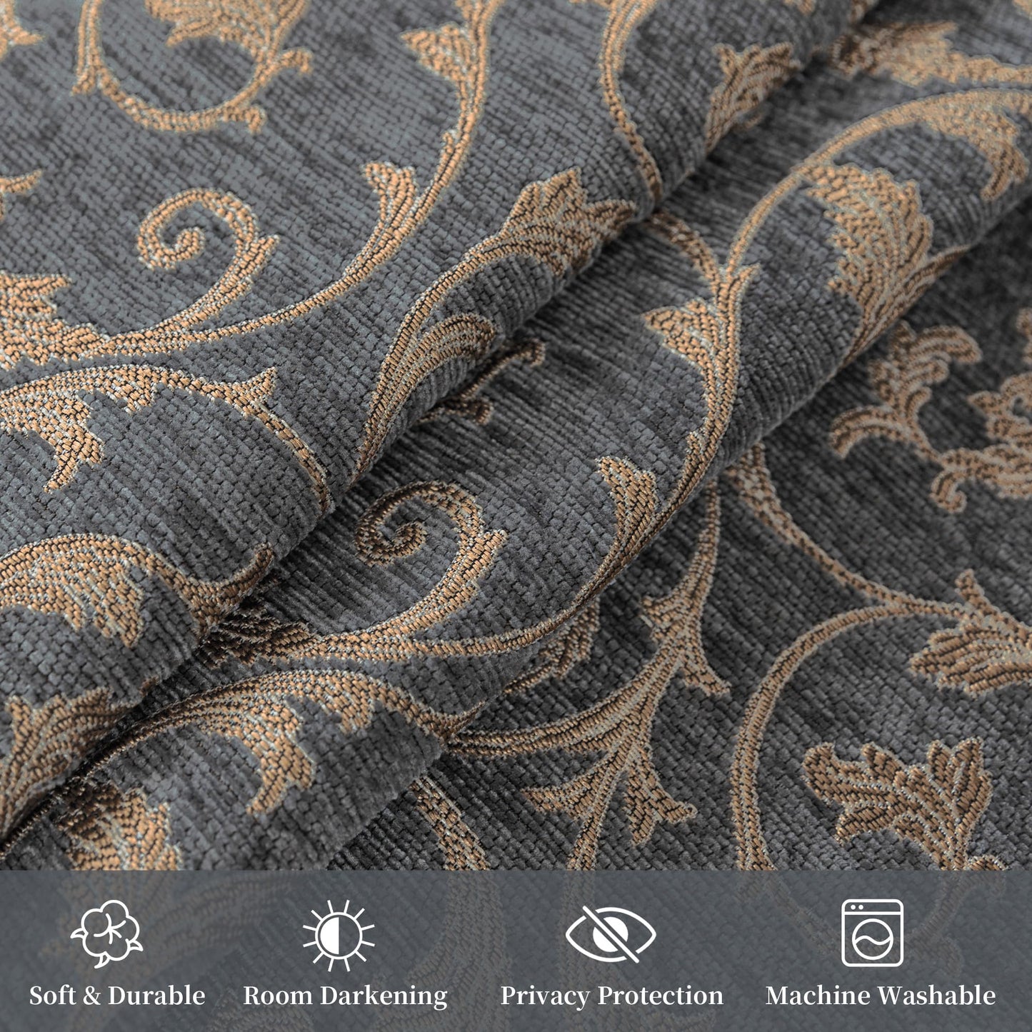 Loom and Mill Elegant Damask Window Curtain Panels for Bedroom Living Room, Classic Acanthus Chenille Jacquard Curtains 84 inches Long with Lining and Matching Tiebacks, Rod Pocket(2 Panels, 52x84)