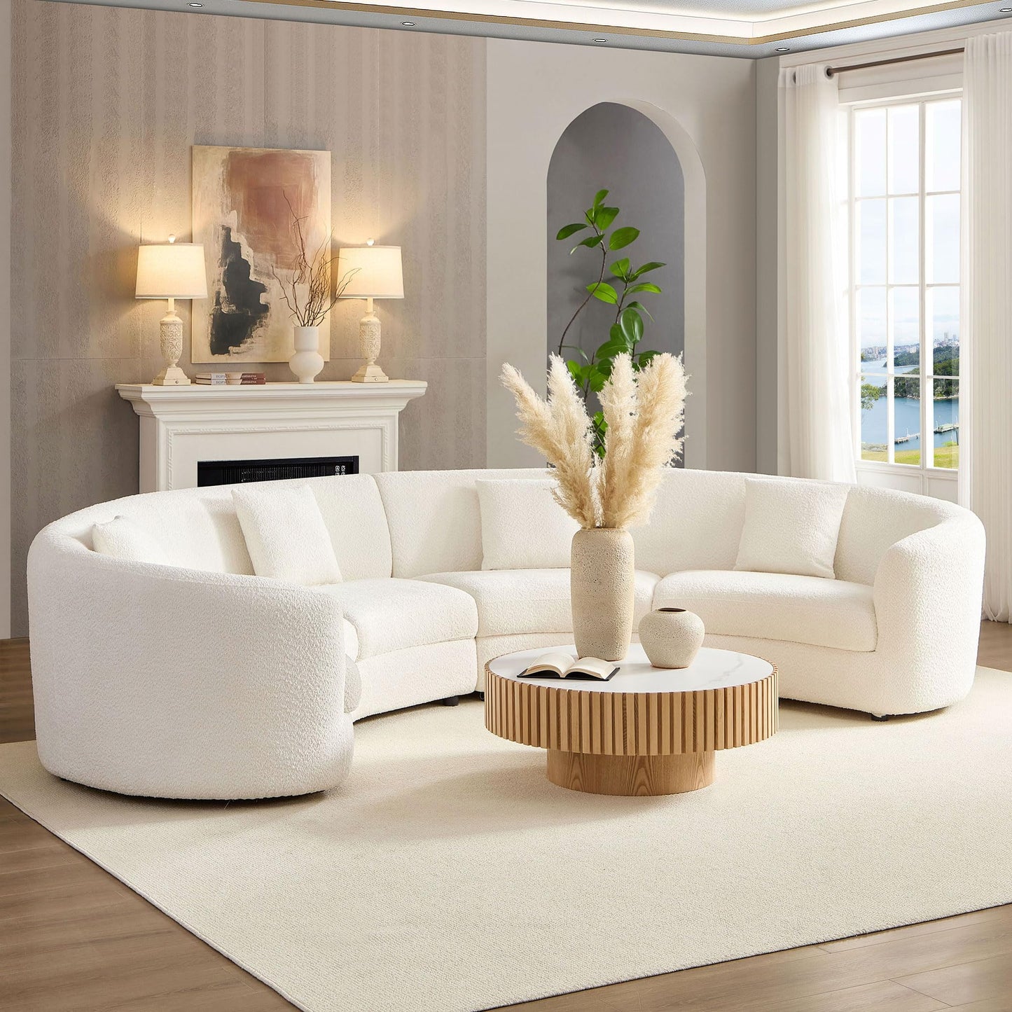 BBTJOINT Modern Half Round Sofa, Rearrangeable Curved Sectional, a Third Modular Circle Couch, Cream White Boucle Fabric Upholstery Furniture, 4-Seater Semicircular Living Room Set