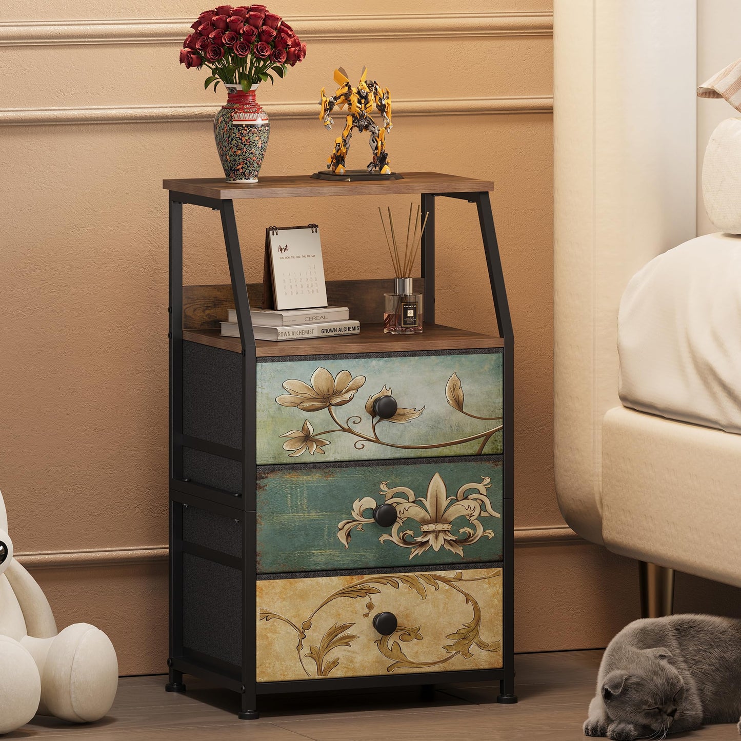 Tohomeor Dresser with Fabric Drawers Nightstand with 2 Tier Shelf Storage Tower for Bedroom Hallway Entryway Closet Organizer Sofa Beside Table Furniture (Multi, 3 Drawers)