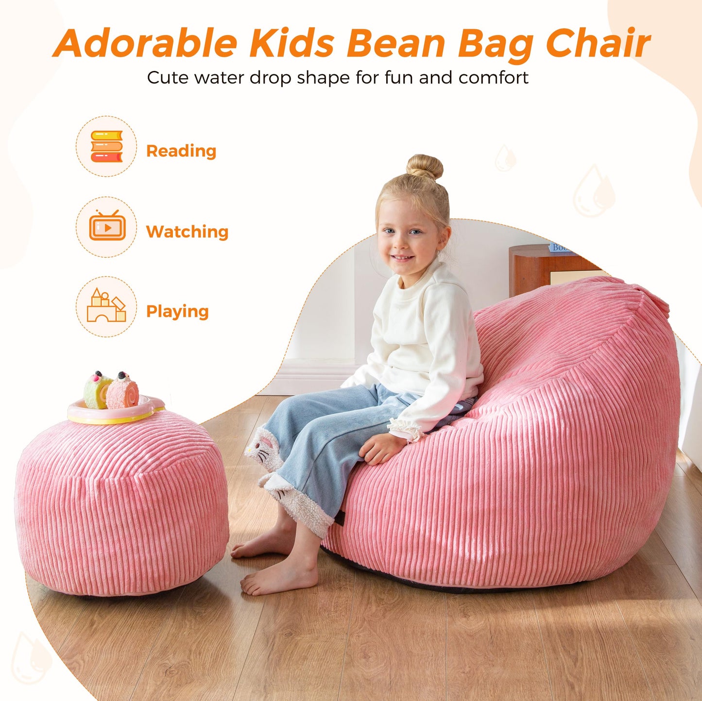 MAXYOYO Kids Bean Bag Chair with Ottoman, Soft Plush Bean Bag Sofa with Removable Cover for Boys and Girls, Convenient Floor Seat with Handle, Comfy Toddler Lounge Chair for Playroom, Bedroom, Pink