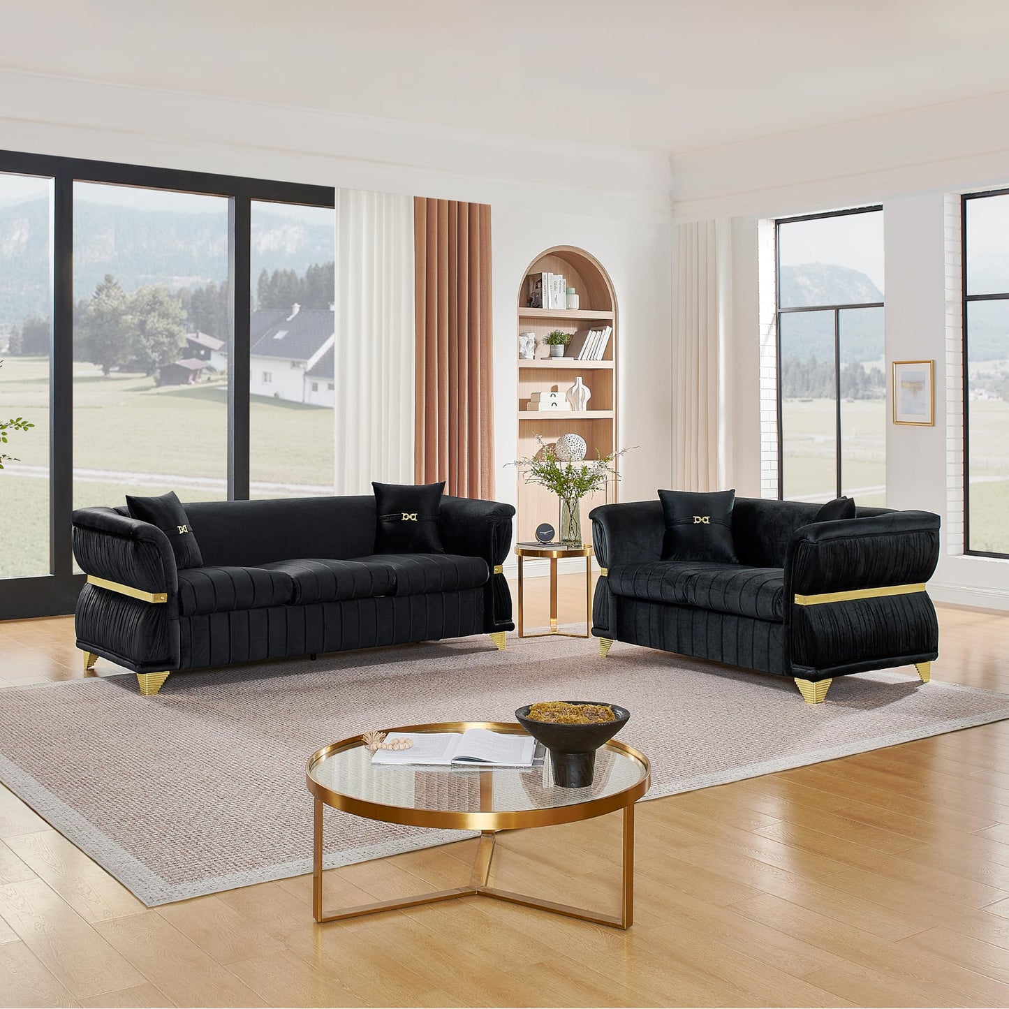 KEIKI 2-Piece Luxury Chesterfield Sofa Set with 1 Velvet 3-Seater Sofa & 1 Loveseat Sofa, Modern Style 5-Seater Couch Set with 4 Pillow & Rolled Arms & Tapered Gold-Tone Legs, for Living Room, Black