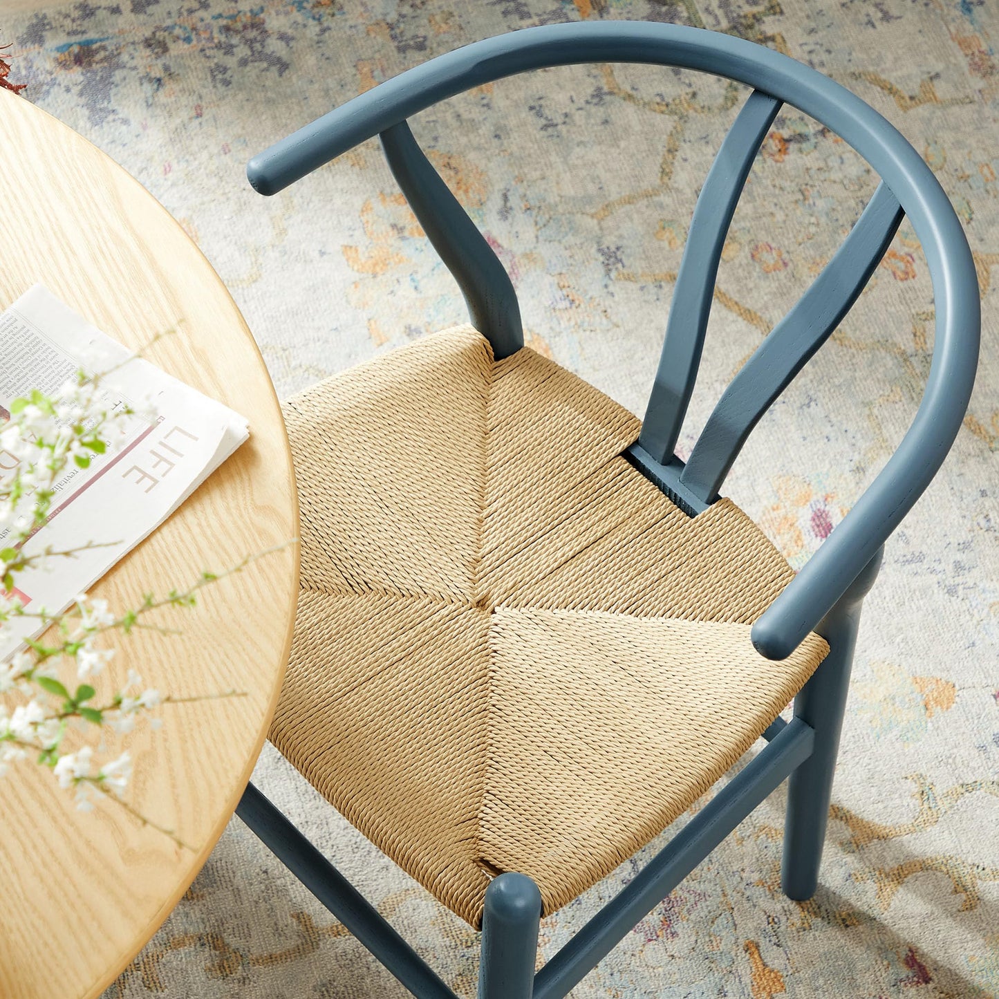 Modway Amish Wood Rope Dining Room Chair in Harbor Blue - 29 Inch Tall Solid Elm Wood Accent Armchair - Mid Century Modern Open Back Kitchen Chair with Woven Seat