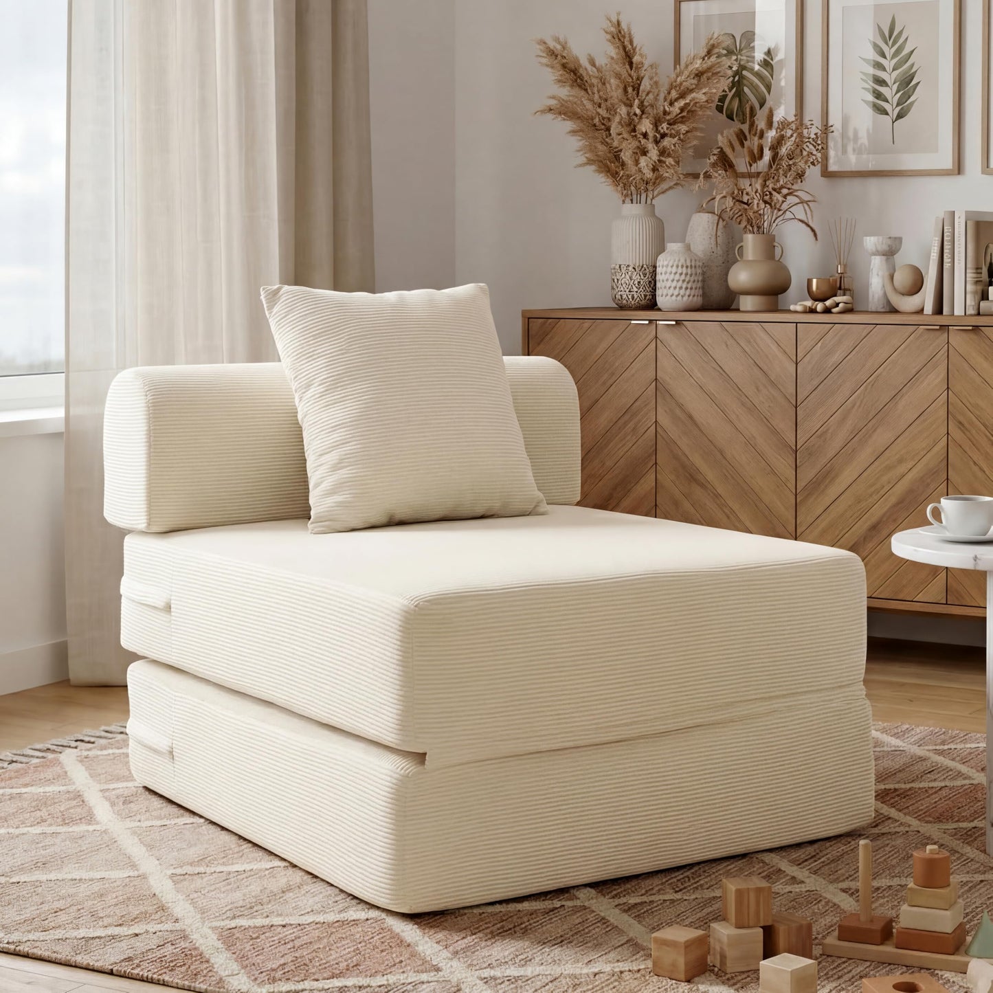 31.5'' Convertible Compressed Corduroy Folding Cloud Sofa Bed, Modern Boneless Pull Out Sleeper Sofa Couch in a Box, 3 in 1 Portable Lazy Floor Lounge Chair, No Assembly Needed, Beige, Pillow, Single