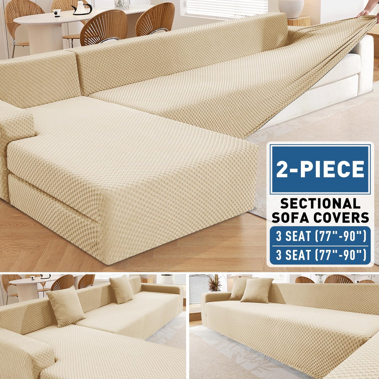 ZNSAYOTX Sectional Couch Covers, Stretch Jacquard Slipcovers with Elastic Bottom for L-Shape Sectional Sofa, 2 Pcs Pet Friendly Modular Sofa Protector (3 Seat Couch + 3 Seat Chaise, Light Beige)