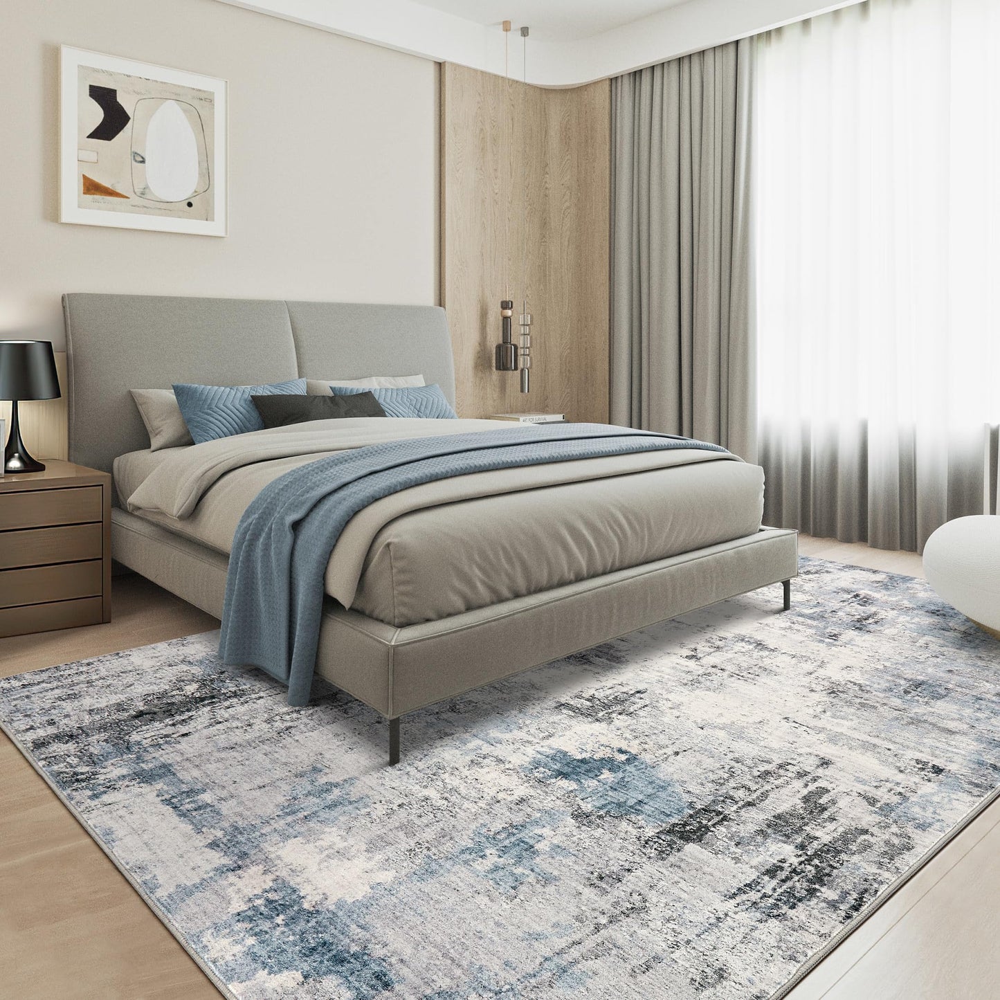 TARANCH Abstract 12x18 Area Rug: Machine Washable Non Slip Ultra Thin Low-Pile Carpet, Soft Stain Resistant for Living Room Bedroom Office, Kid Pet Friendly, Robot Vacuum Compatible - Grey Blue