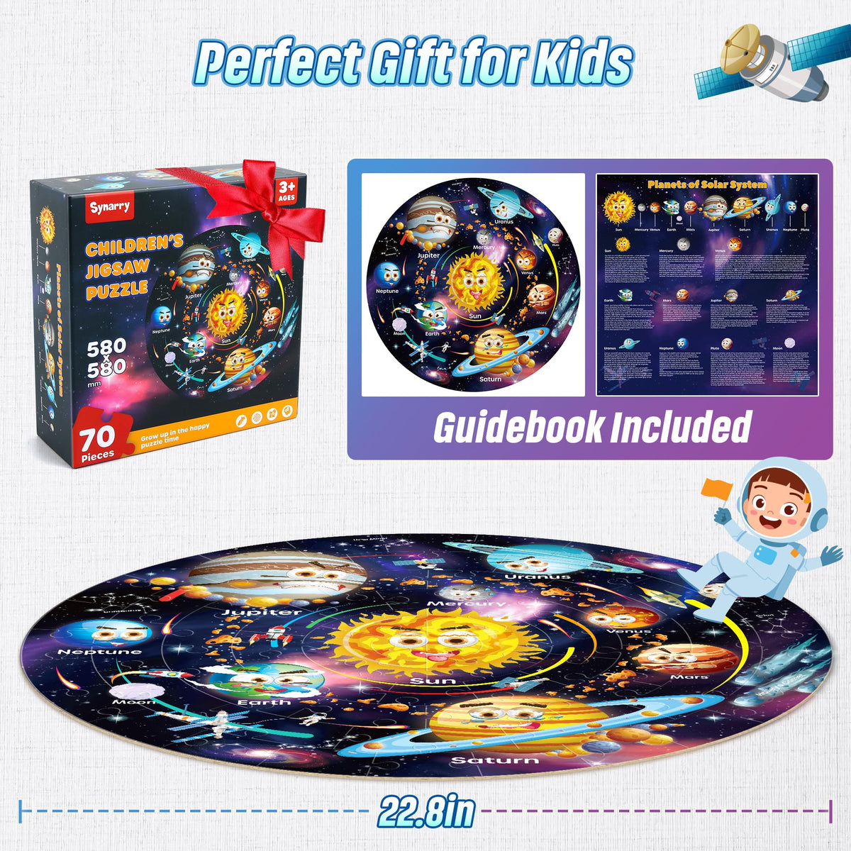 SYNARRY Solar System Floor Puzzles for Kids Ages 4-8, Large 70 Piece Jigsaw Puzzles for Kids Ages 4-6, Space Planet Astronaut Toys Puzzles, Preschool Learning Toys, Easter Basket Stuffers for Boy Girl