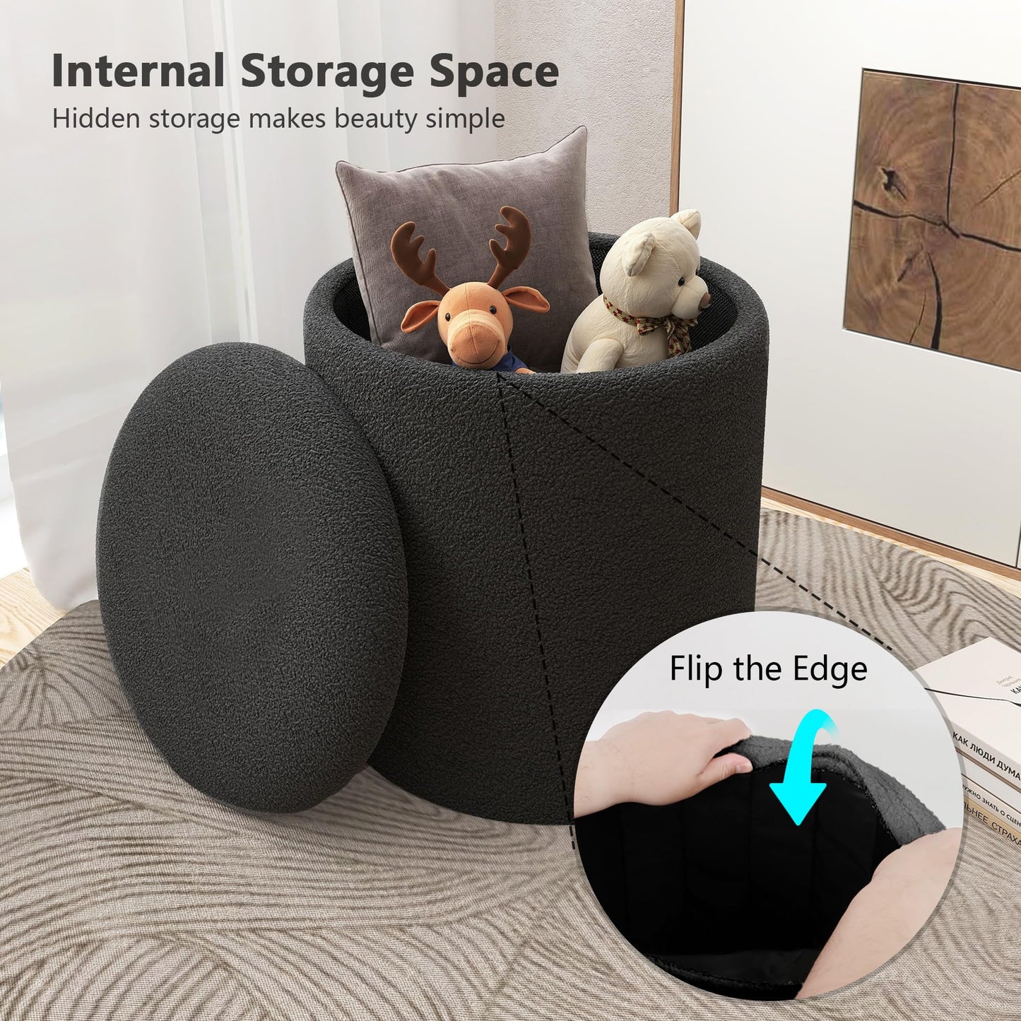 Cmishe Ottoman Poufs with Storage, Soft Upholstered Vanity Stool,Multifunctional Ottomans Coffee Table Padded Seat Foot Rest for Living（Black）