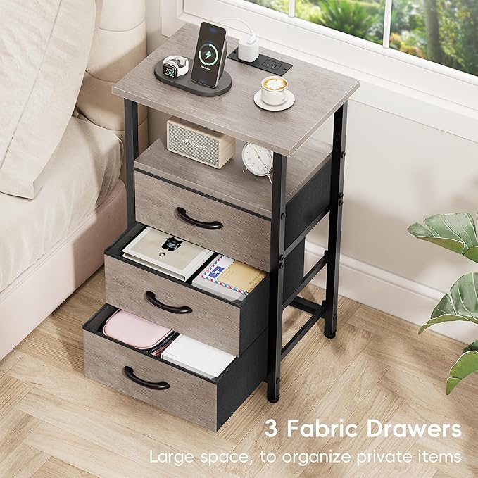 Vagusicc Nightstand with Charging Station, Bedside Table with USB Ports and
