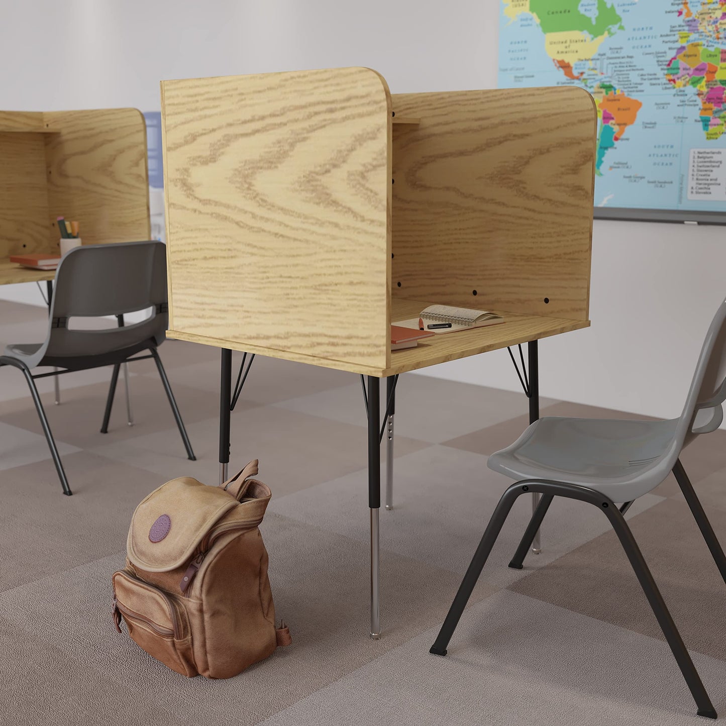 Flash Furniture Justin Study Carrel - Oak Finish with Top Shelf - Height Adjustable Legs - Wire Management Grommet