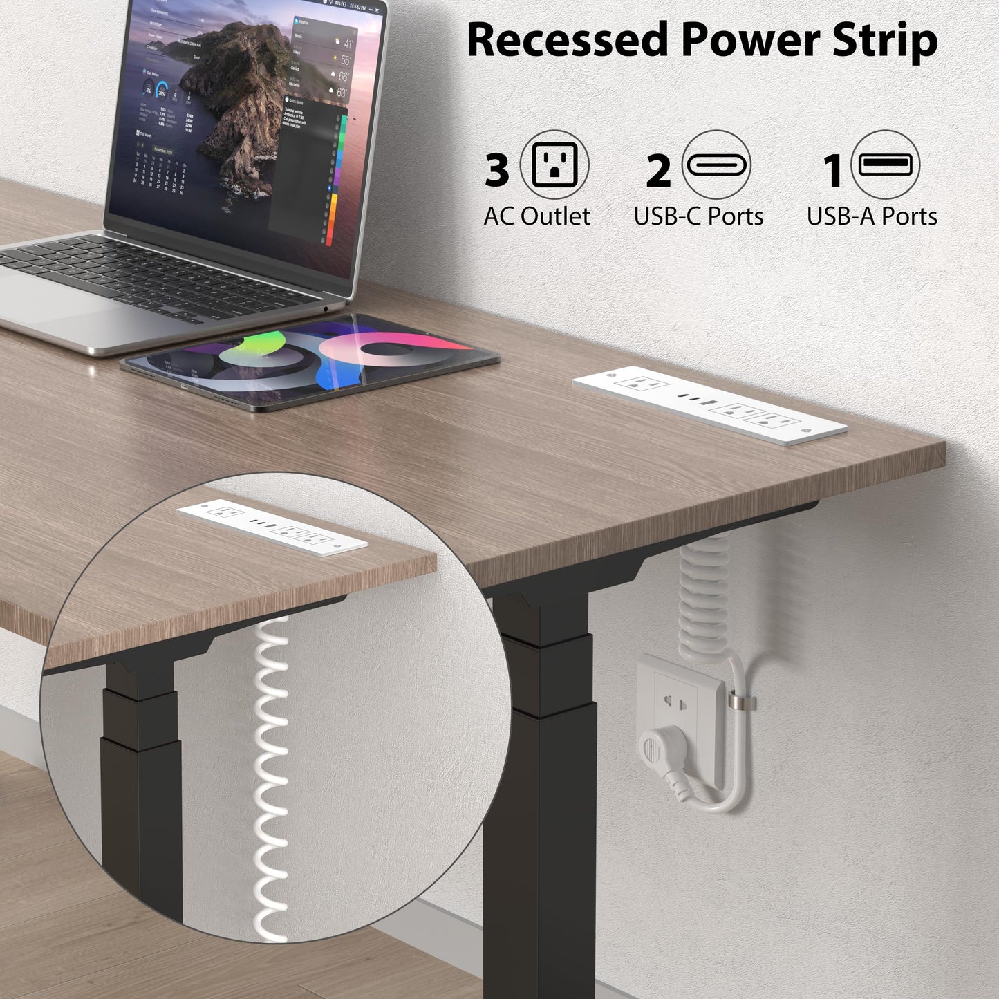 Furniture Drawer Outlet, Recessed Power Strip with (3) PD 20W USB Ports Fast Charging & (3) 15 Amp AC Outlets, (14 AWG) 5 FT White Spring Cord