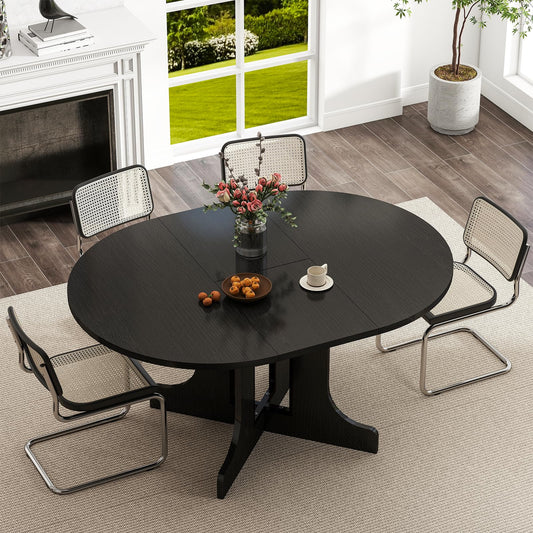 Zevemomo 43"-59" Round Expandable Dining Table, Extendable Dining Room Table for 4-6, Oval Tabletop with Wood Base Removable Leaf, Modern Black Circle Dinner Table for Kitchen Room Living Room
