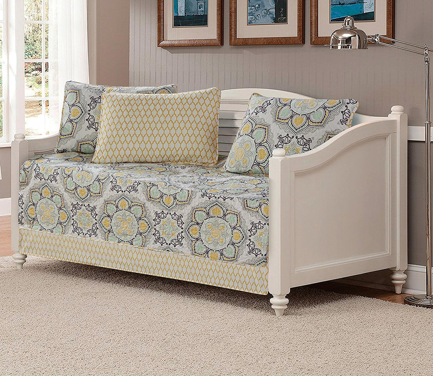 Linen Plus 5pc Daybed Cover Set Quilted Bedspread New (Floral Yellow)