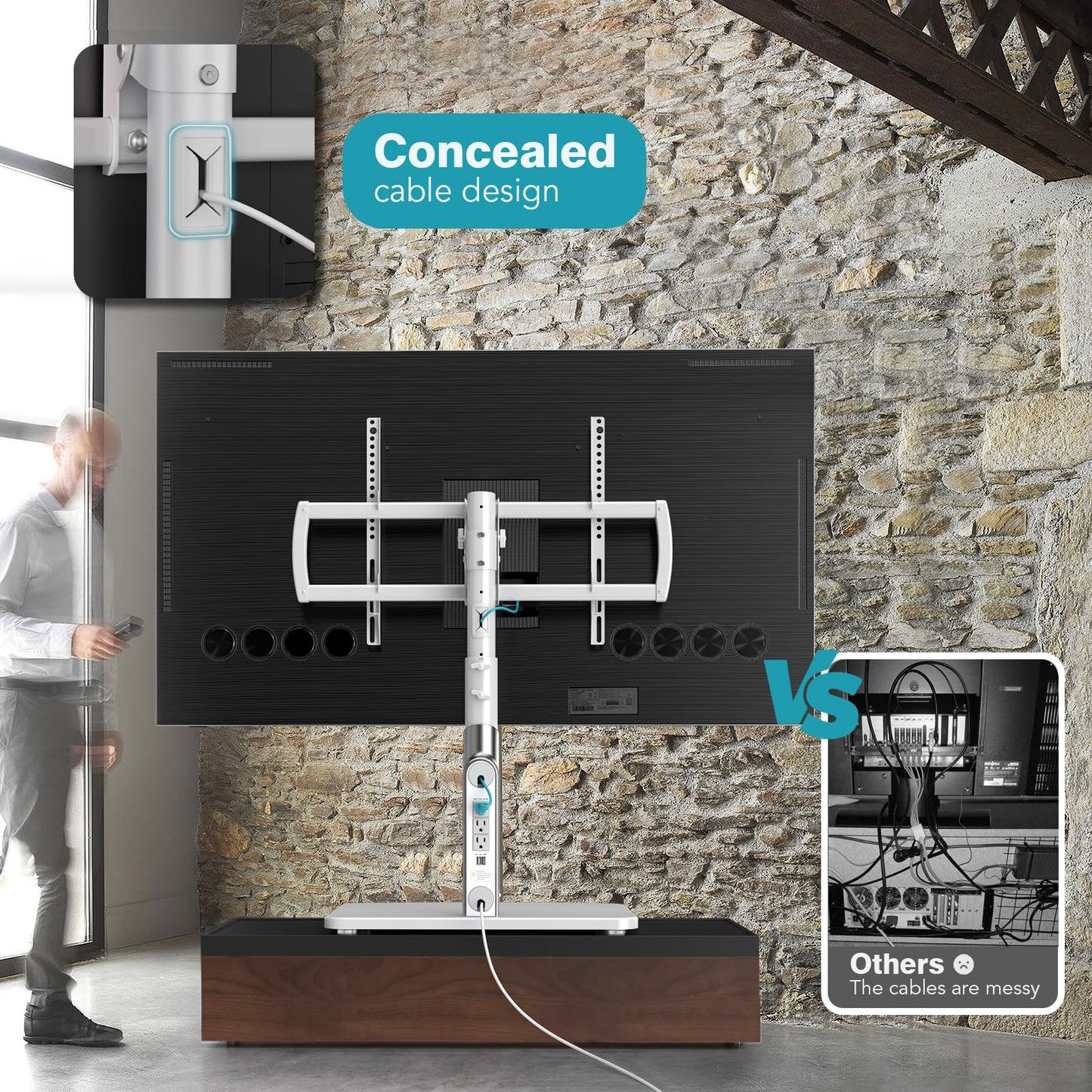 LLDEPLL Universal TV Stand Tabletop TV Mount with Power Outlet for 50-90 Inch OLED LED Monitors, 9 Levels Height Adjustment, Ambient Lighting on The Bottom Holds up to 150lbs, White Max Vesa 600x400mm