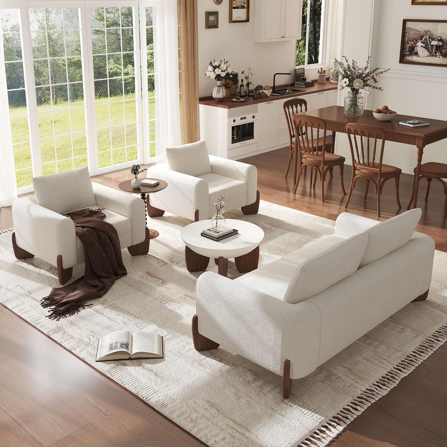 3 Piece Living Room Sofa Furniture Set, Loveseat and 2 Armchairs, Comfortable Modular Sofa for Apartment, Living Room, Beige