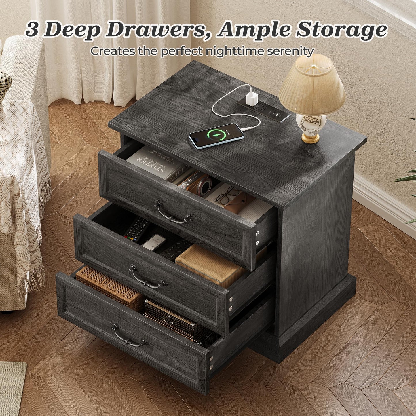 Huuger Nightstand with Charging Station, 3 Drawer Night Stand, 22 Inch Wider Side Table with Storage, Farmhouse Nightstand with Vintage Handles, Thicken Base, for Bedroom, Black
