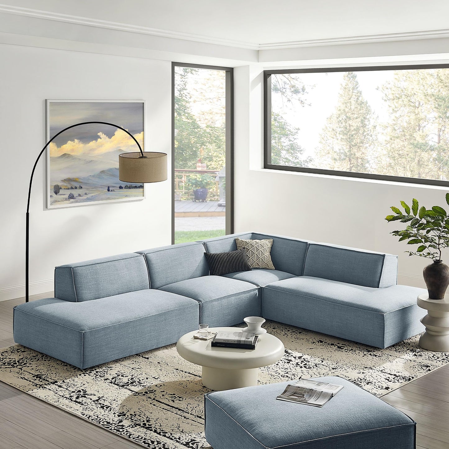Modway Restore Performance Fabric Upholstered 4-Piece Modular L-Shaped Armless Sectional Sofa in Sky – Low Profile Couch with Coil Seat Support and French Piping