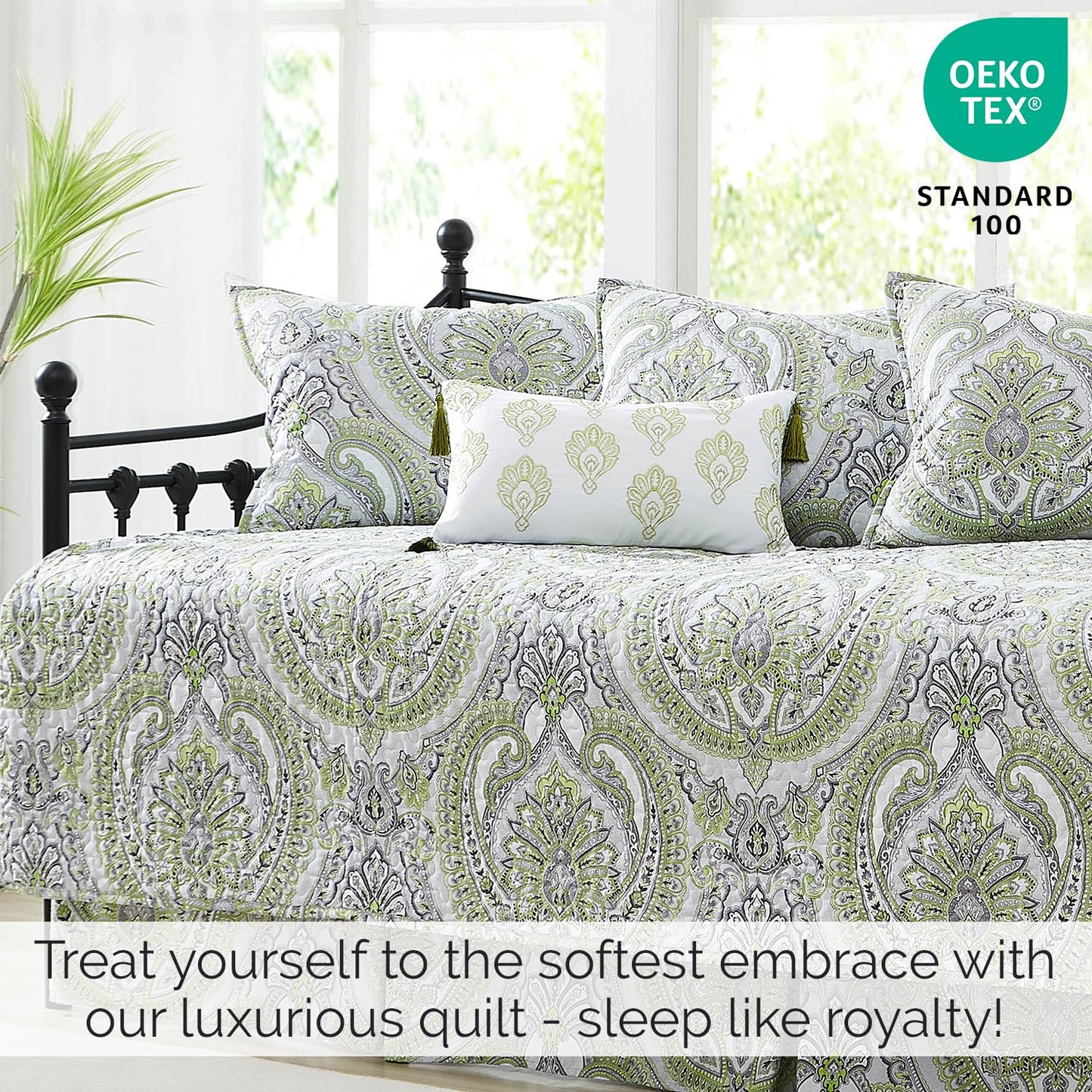 Southshore Fine Living, Inc. Twin Daybed Comforter Set, 6-Piece Boho Bedding Set with Daybed Cover, 3 Pillow Shams, Bed Skirt, Throw Pillow - Twin Day Bed Quilt Set, Pure Melody Green