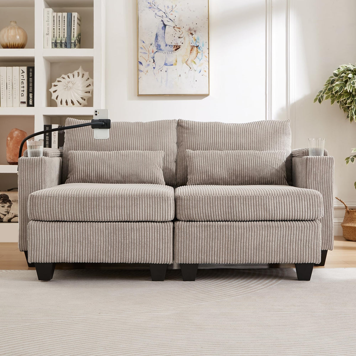 Merax Modern 63" Convertible Chaise Lounge with USB Ports, Phone & Cup Holders, Corduroy Upholstered Sleeper Sofa Bed, Recliner Loveseat with Pillows & Ample Storage Space for Living Room,Brown