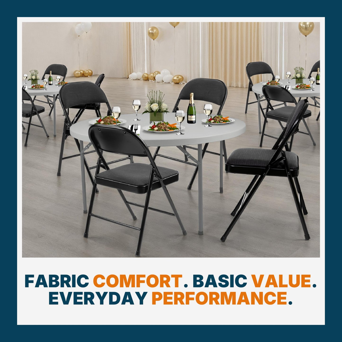 OEF Furnishings OEF970 Series Premium Fabric Padded All Steel Folding Chairs, Comfort Cushioned Seat & Back for Meeting Office Training Rooms (4 Pack, Cosmic Black)