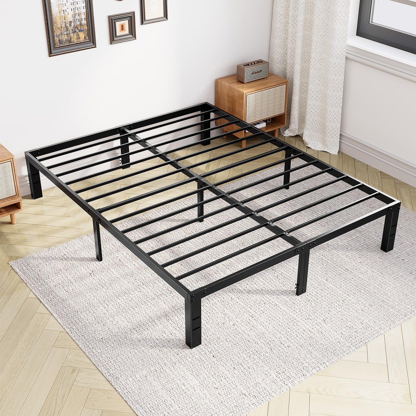 Sweetcrispy Bed Frame King - Heavy Duty No Box Spring Needed Metal Platform Bedroom Frames with Storage Space, 14 Inches High, Sturdy Steel Slat Support, Black