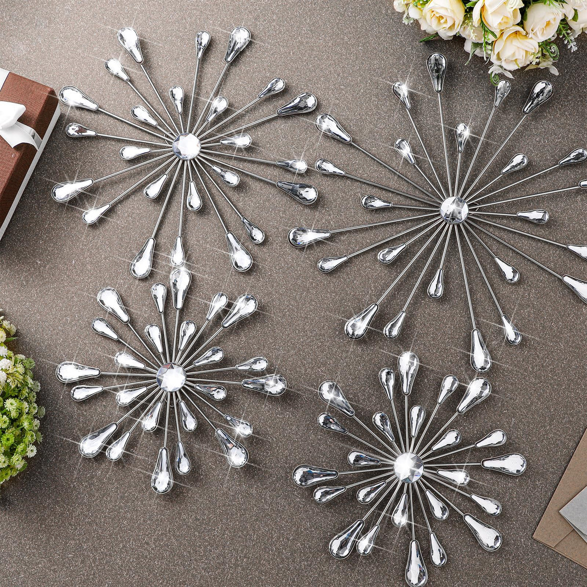 Hicarer 4 Pcs Starburst Wall Decor Bling Wall Art Crystal Teardrop 3D Hanging Rhinestone Radial Metal Artwork Modern Accent Sculptures Decorations for Living Room Home Office Bedroom(Silver)