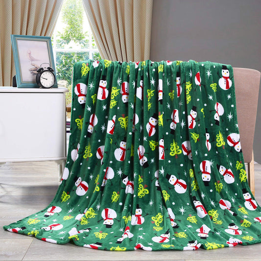 Valerian Luxury Velvet Touch Ultra Plush Christmas Blanket Soft, Warm, Cozy Holiday Printed Fleece Throw/Blanket - 50" x 60inch, Green Snowman