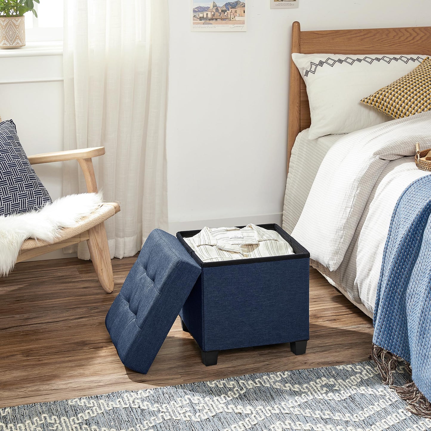 SONGMICS Storage Ottoman, Small Ottoman Foot Rest with Legs, 15 x 15 x 15.7 Inches Foot Stool, Load up to 660 lb, for Living Room, Bedroom, Dorm, Midnight Blue ULSF14IN