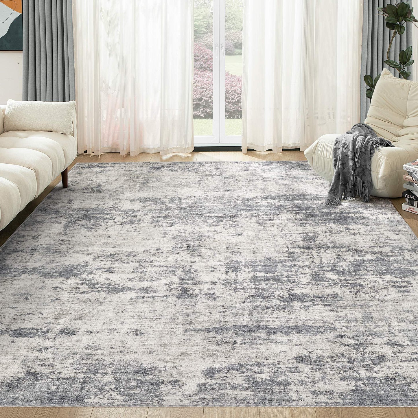TARANCH Abstract 10x14 Area Rug: Machine Washable Non Slip Ultra Thin Low-Pile Carpet, Soft Stain Resistant for Living Dining Room Bedroom, Kid Pet Friendly, Robot Vacuum Compatible - Grey Beige