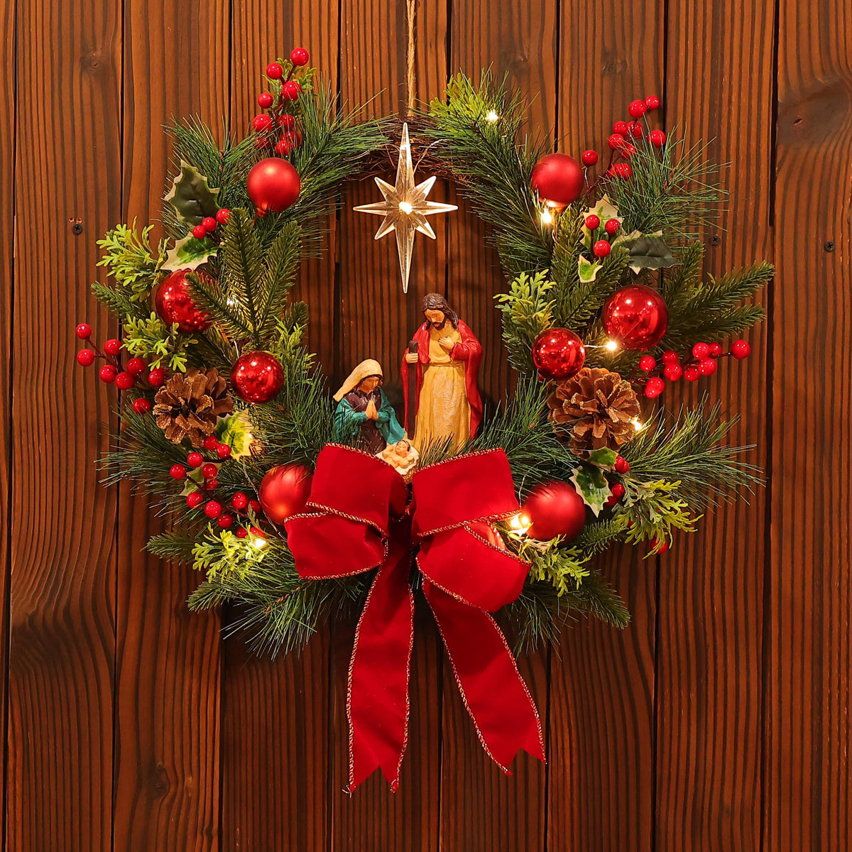 Moonet 19" Christmas Wreath with LED Lights Jesus Nativity Scene Garland for Home Hanging Ornament, Holiday Wreath with Lights for Front Door, Window, Fireplace