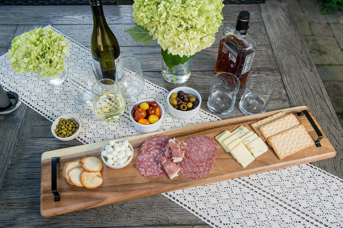 Lipper International 2031 Acacia Wood Serve Board with Black Handles for Cheese, Crackers, and Charcuterie, Rectangular 30" x 7" x 1"